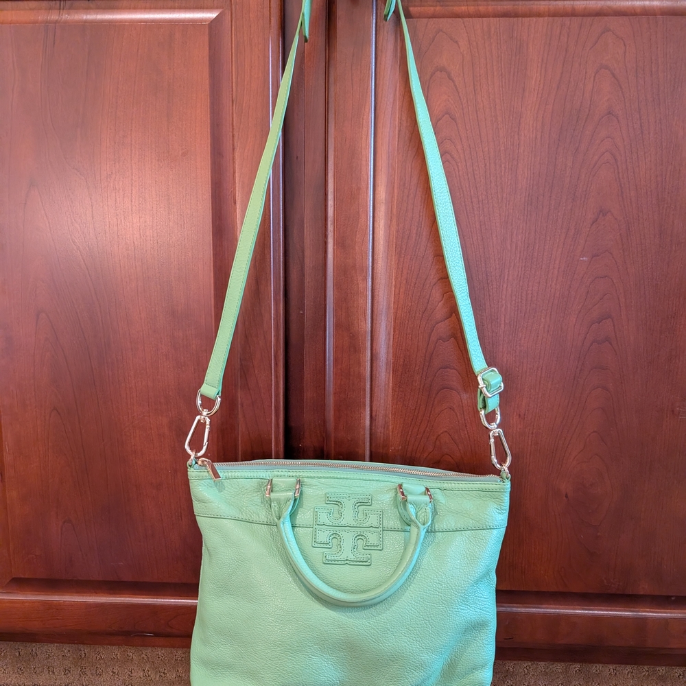 Tory Burch Green Leather Tote Bag Purse - Picture 2 of 13